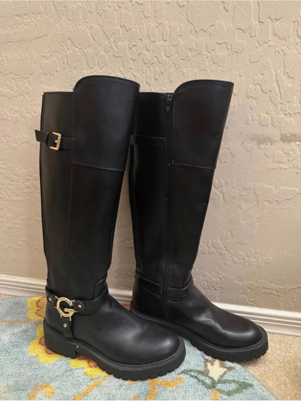 GBG Los Angeles Black Tall Riding Boots with Gold Buckle